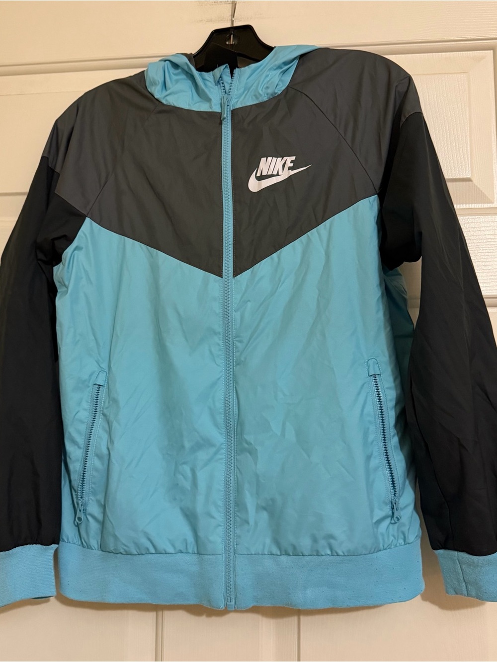 Nike Colorblock Hooded Windbreaker Light Blue & Charcoal Full Zip Youth Large L
